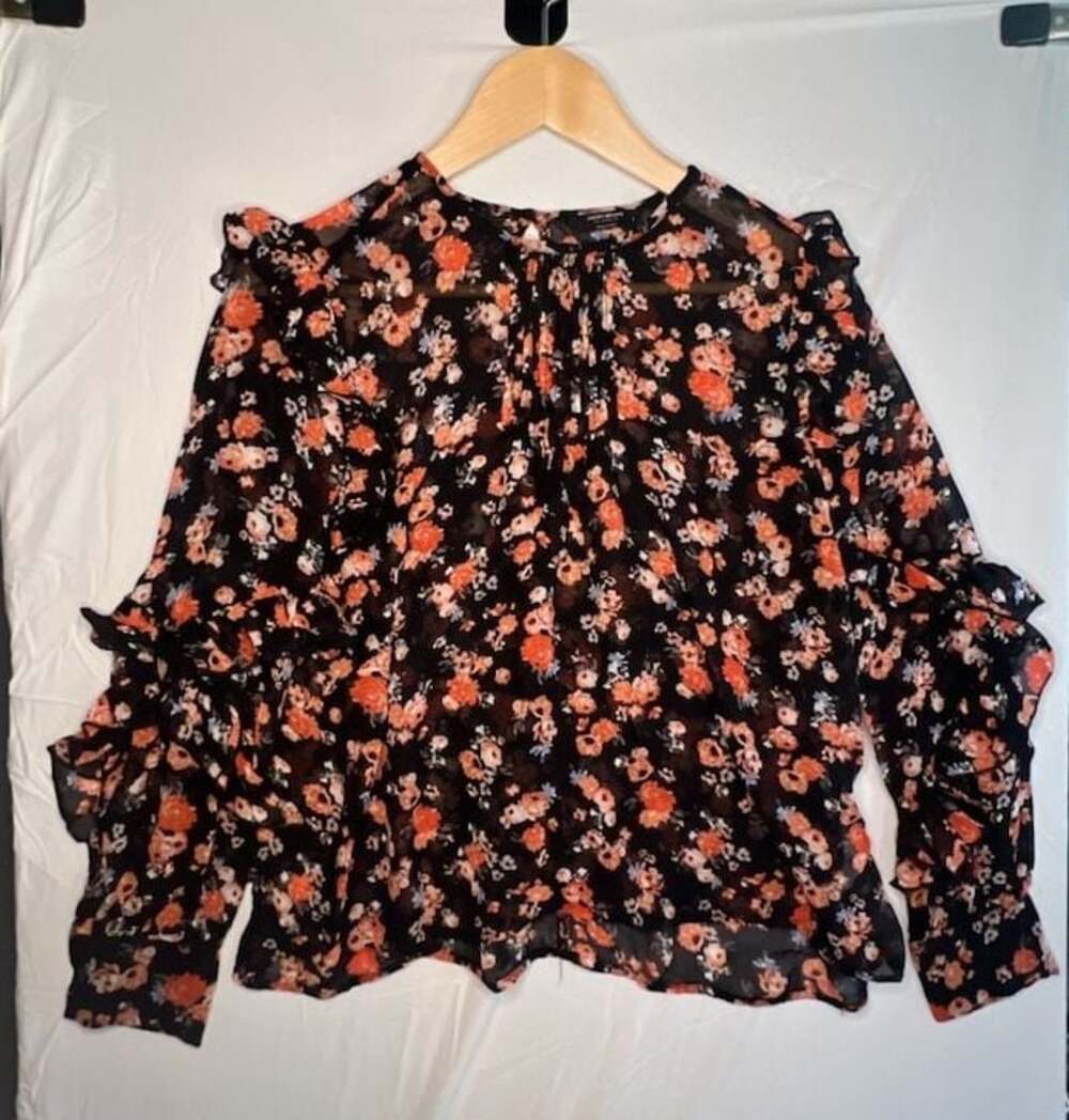 Lucky Brand Womens Black Floral Print Ruffled Long Sleeve Chiffon Blouse